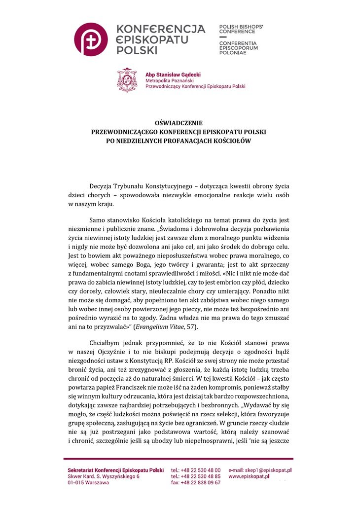 Oświadczenie przewodniczacego KEP po niedzielnych profanacjach kościołów 1